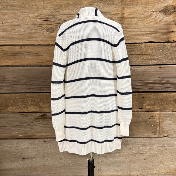 Athleta Waffle knit navy and white striped Long cardigan with patch pockets, Med - Picture 3 of 4